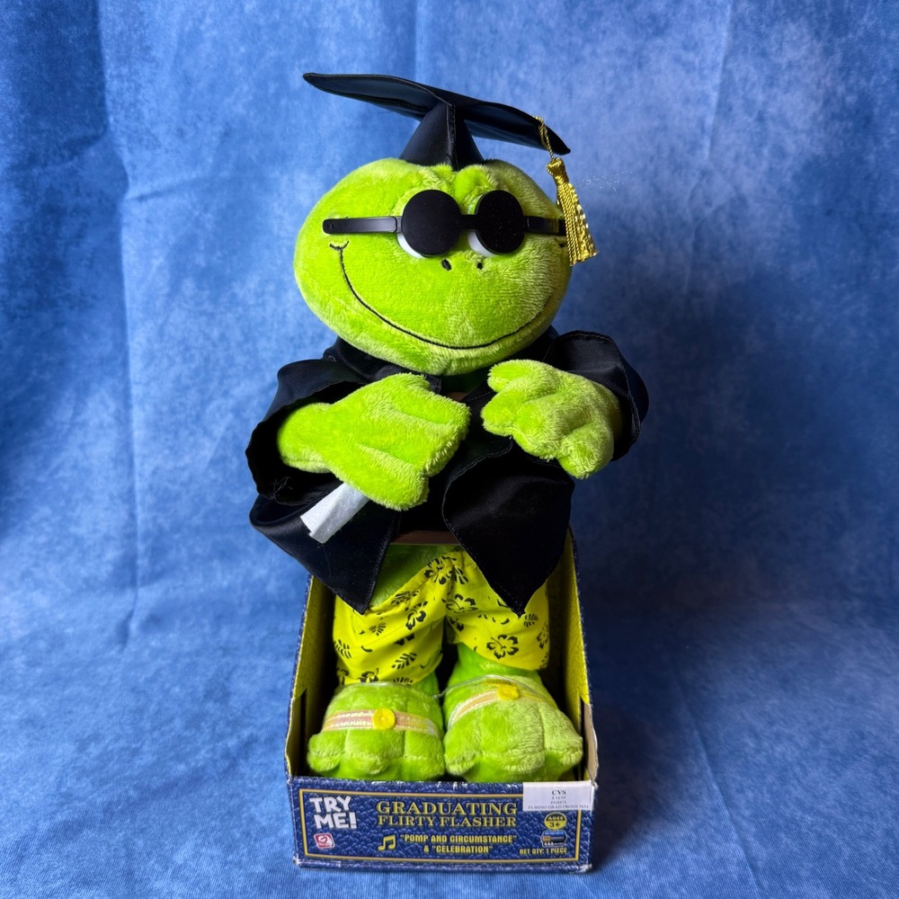 Vintage CVS Graduating Flirty Flasher Frog Animated Plush Tested Works w/ Box